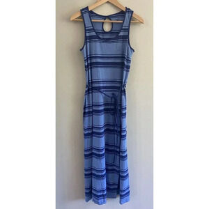 Horny Toad Midi Dress Tie Waist Organic Cotton Navy Blue Stripe Medium M